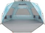 (Prints) Deluxe XL Beach Tent 4-6 Person Popup Sun Shelter 99" Wide for Family UPF 50+ Double Silver Coated with Extended Zippered Porch Palm Tree Leaves