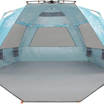 (Prints) Deluxe XL Beach Tent 4-6 Person Popup Sun Shelter 99" Wide for Family UPF 50+ Double Silver Coated with Extended Zippered Porch Palm Tree Leaves